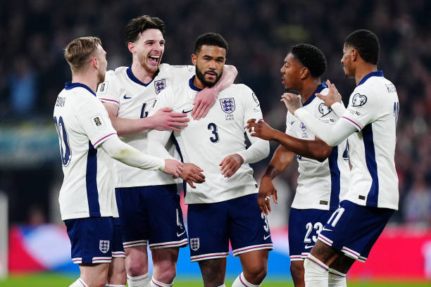 The right rear of England Reece James after having marked a Latvian free kick