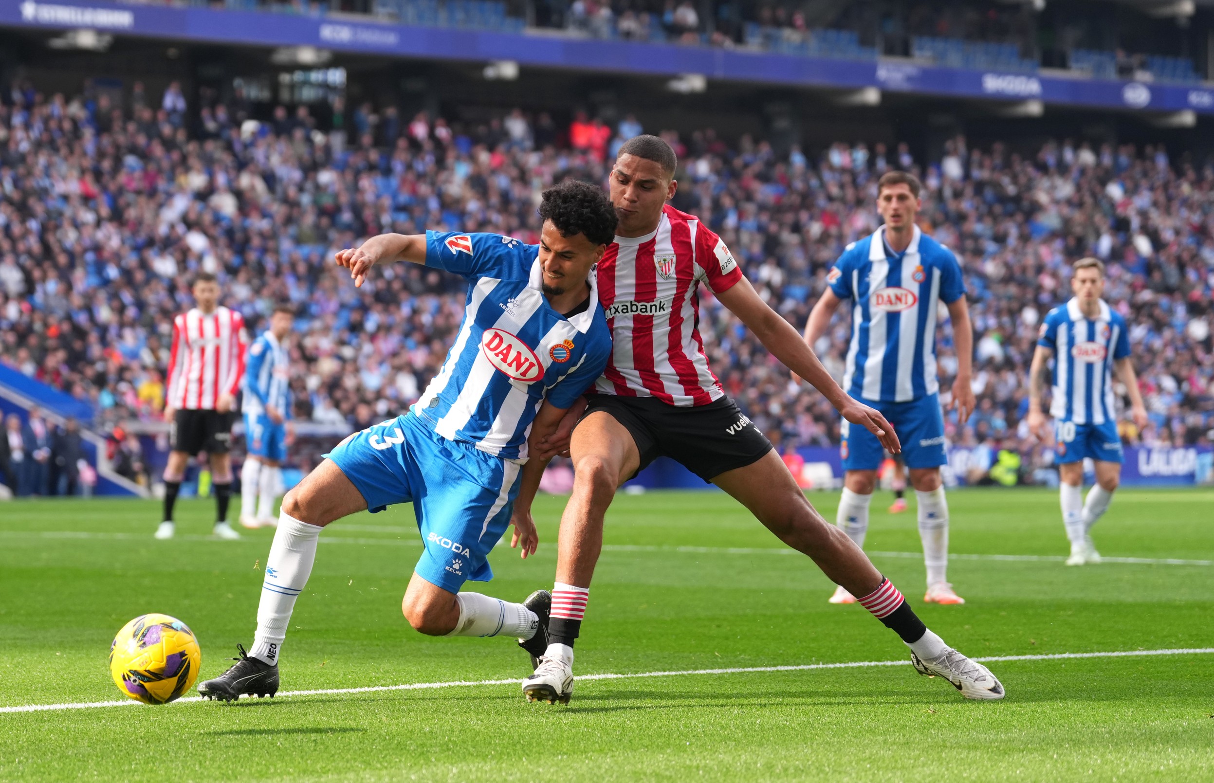 Omar El Hilali of Espanyol is challenged by Maroan Sannadi of Athletic Club