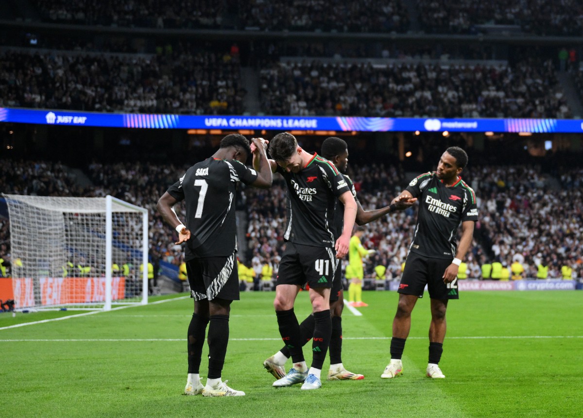 Bukayo Saka and Declan Rice celebrate during Arsenal's win over Real Madrid
