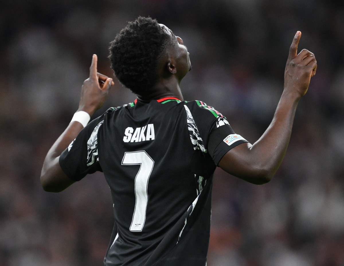 Bukayo Saka celebrates scoring for Arsenal against Real Madrid