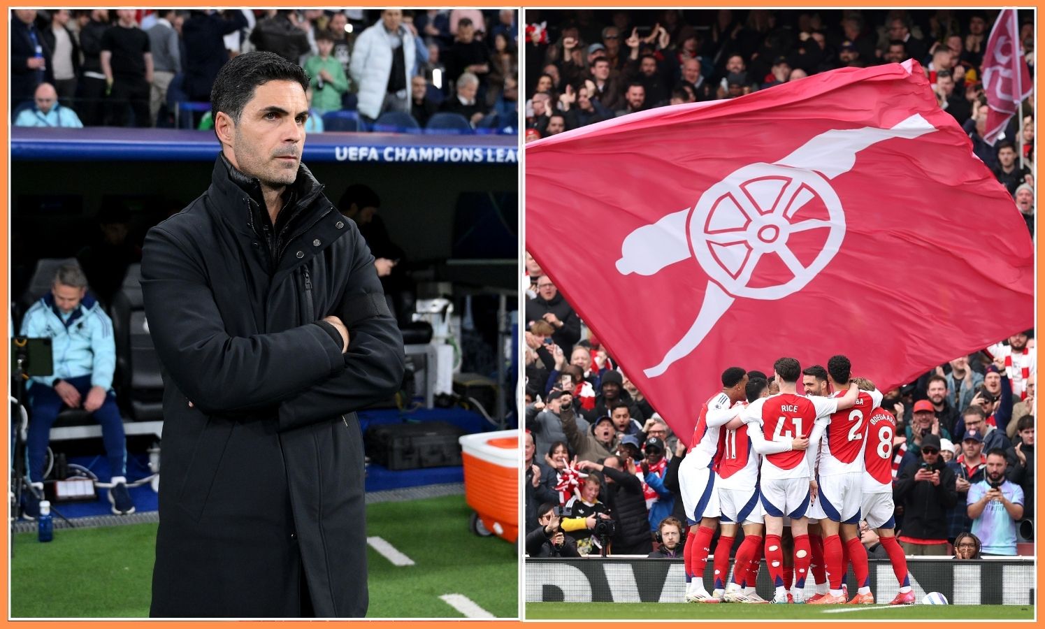 Mikel Arteta and an Arsenal flag at the Emirates Stadium