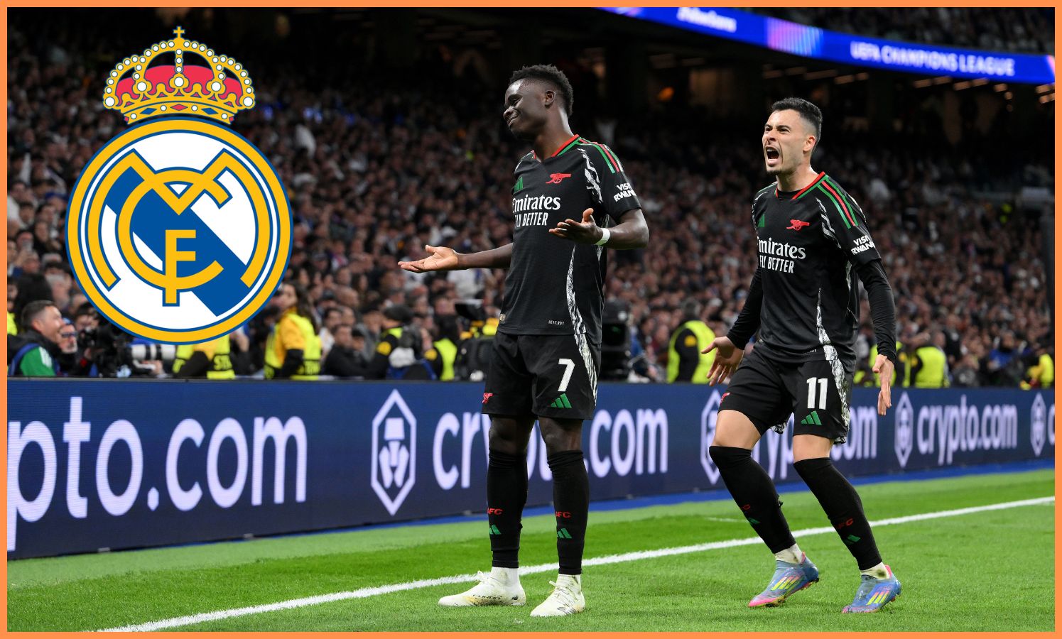 Bukayo Saka and Gabriel Martinelli celebrate against Real Madrid