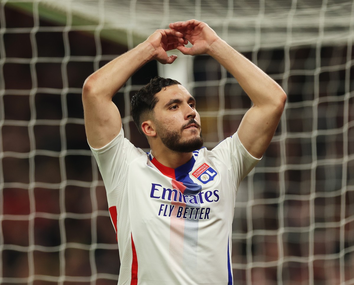 Rayan Cherki celebrates scoring for Lyon against Man United
