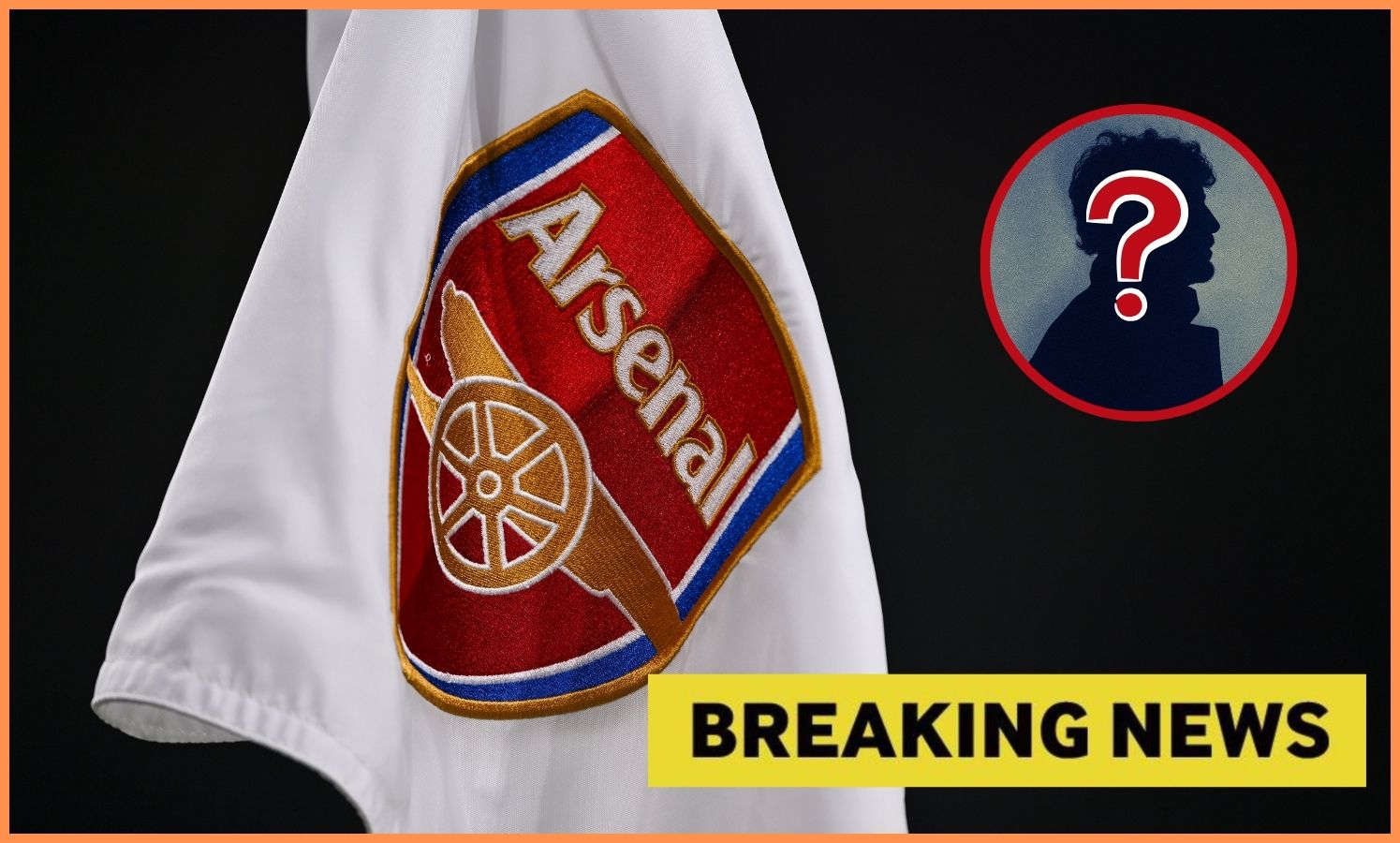 Arsenal FC corner flag and yellow 'breaking news' banner