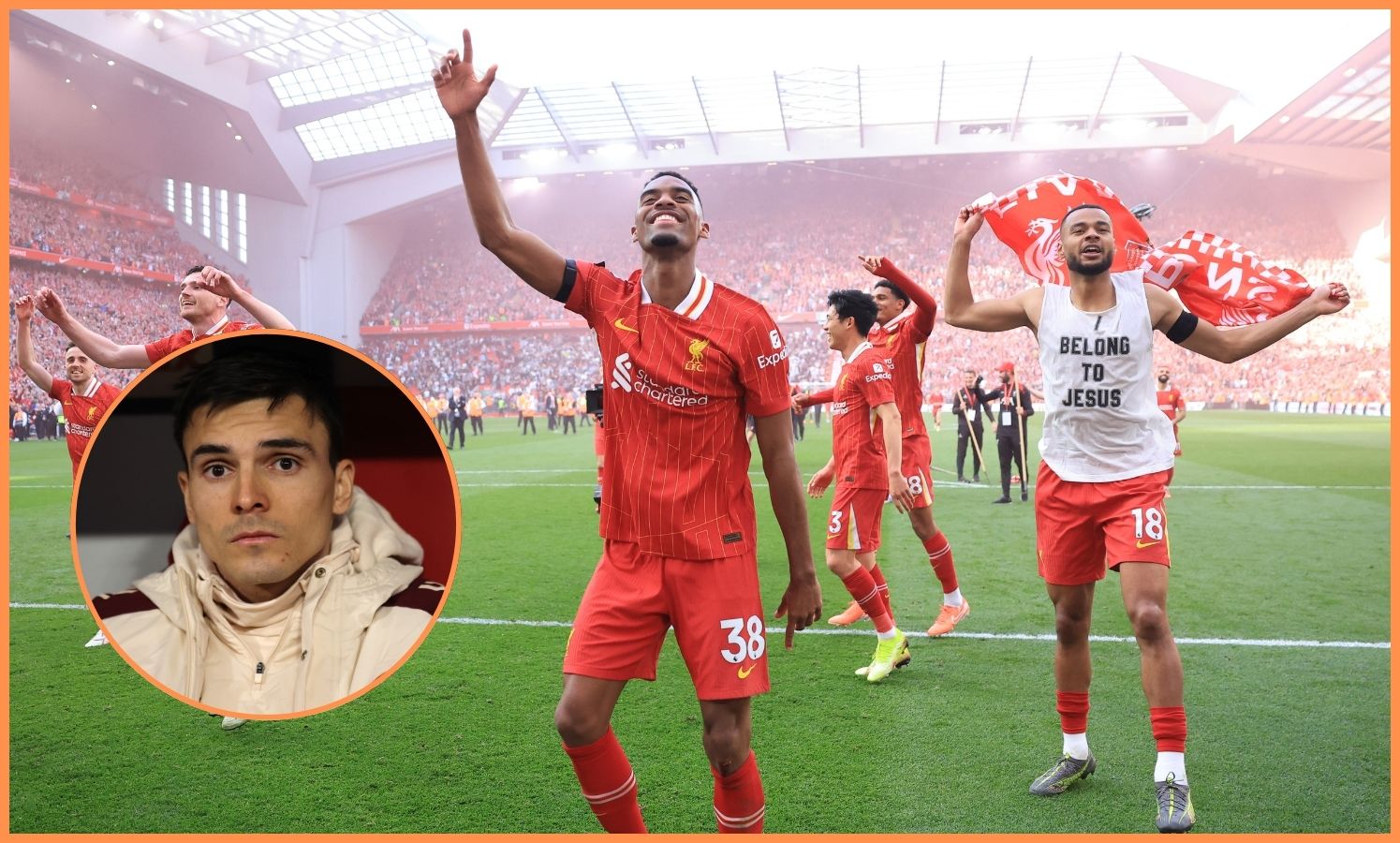 Ryan Gravenberch celebrates Liverpool's title win