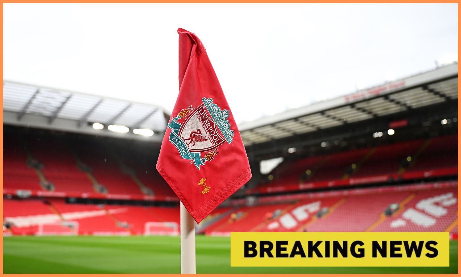 Liverpool FC corner flag and yellow 'breaking news' banner