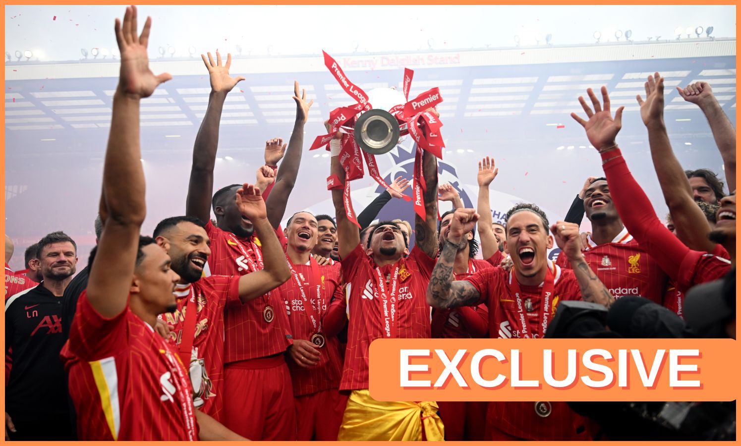 Luis Diaz celebrates with his Liverpool teammates as they lift the Premier League trophy