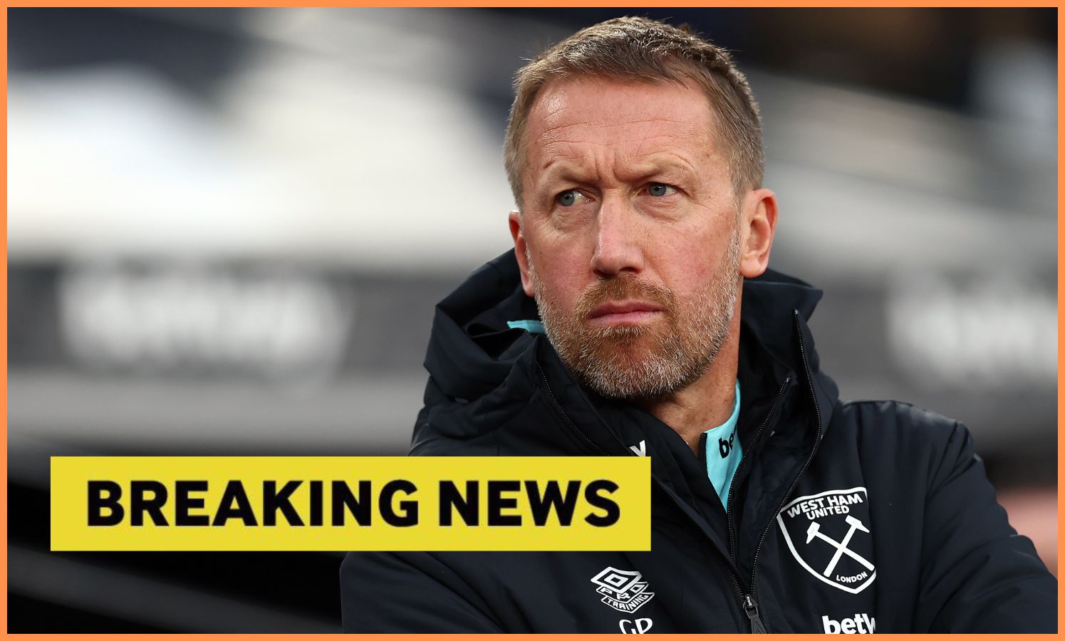 Graham Potter looks on, plus 'breaking news' banner