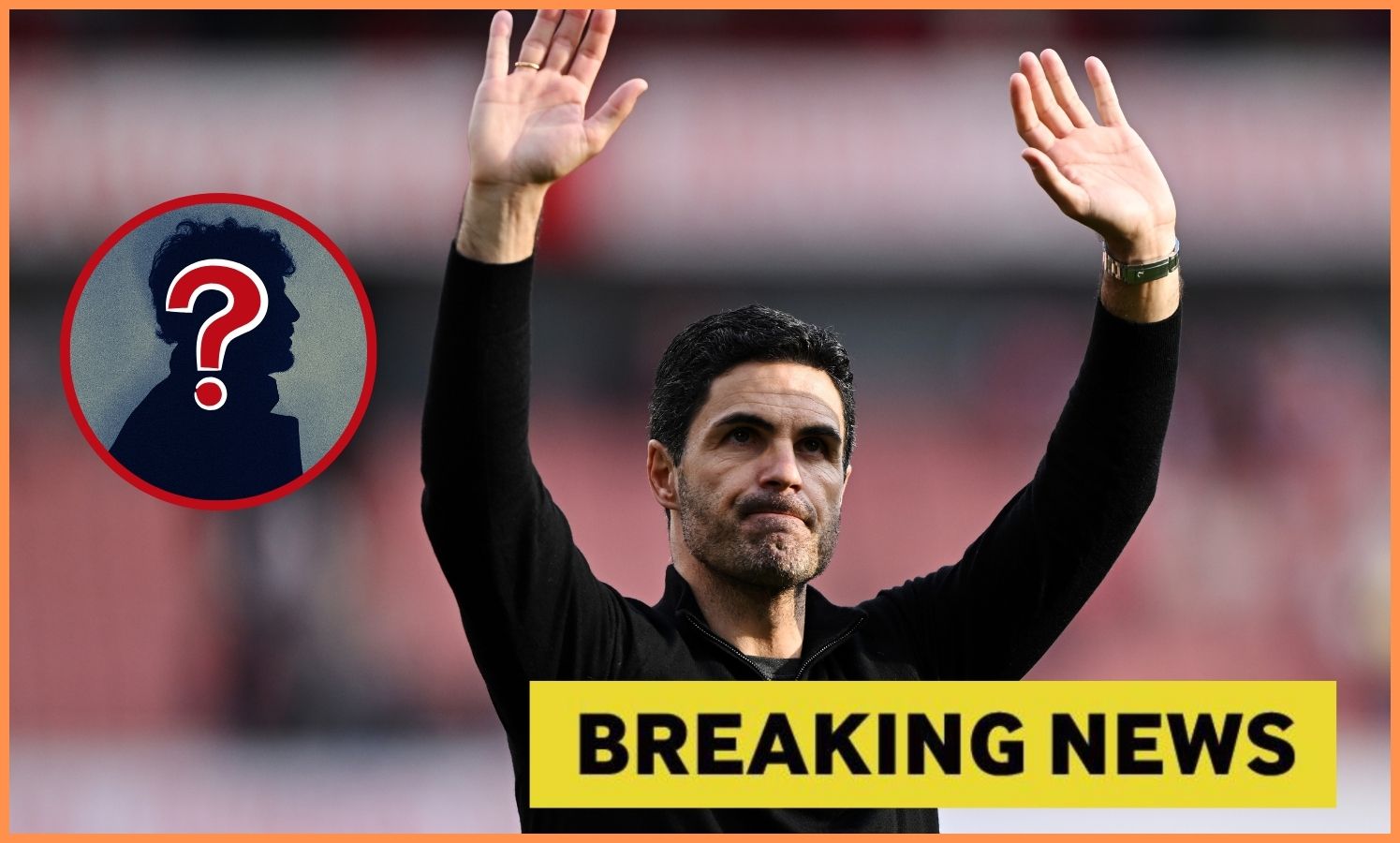 Mikel Arteta plus yellow 'breaking news' banner