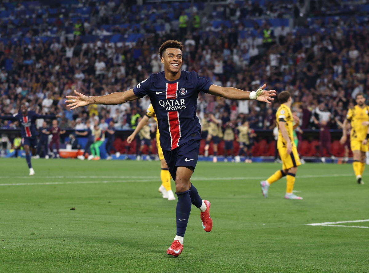 Desire Doue celebrates scoring for PSG against Inter Milan in the Champions League final