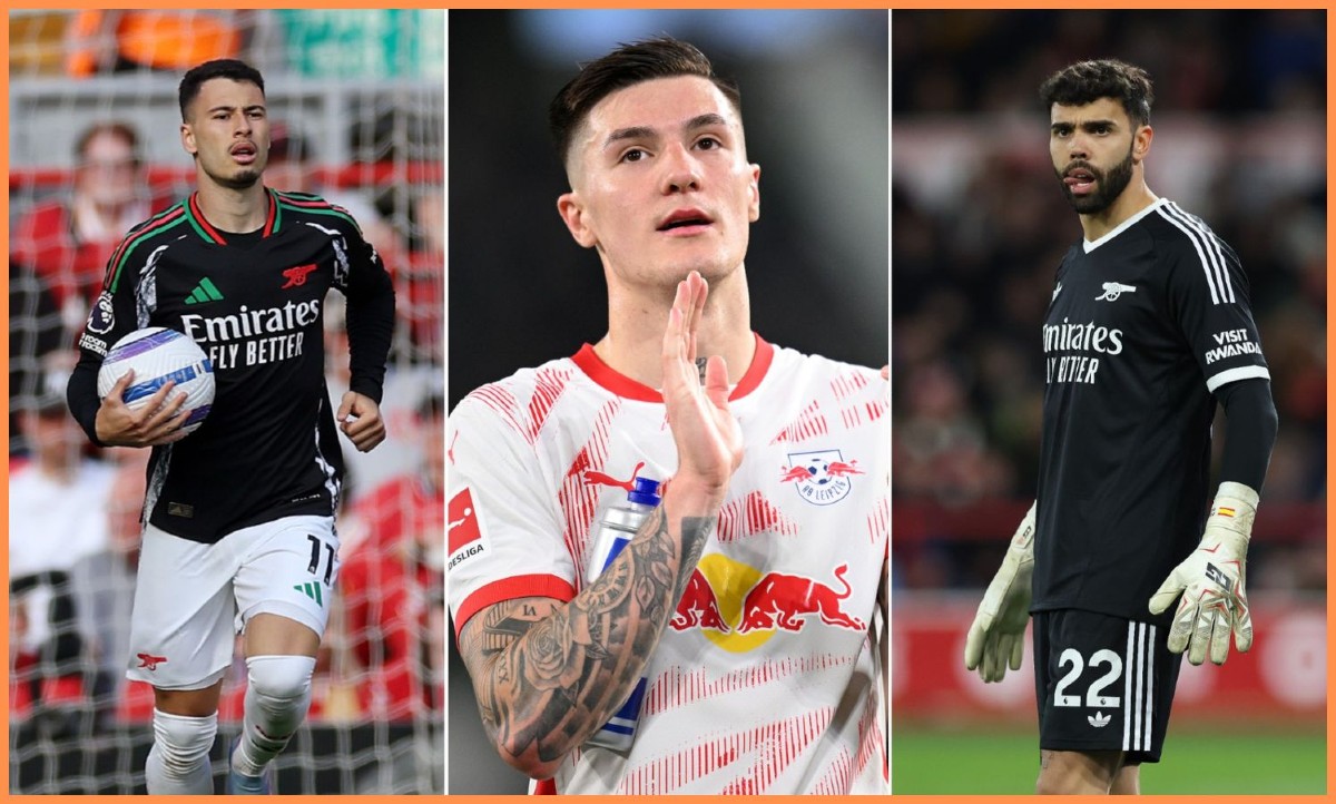 Gabriel Martinelli, Benjamin Sesko and David Raya