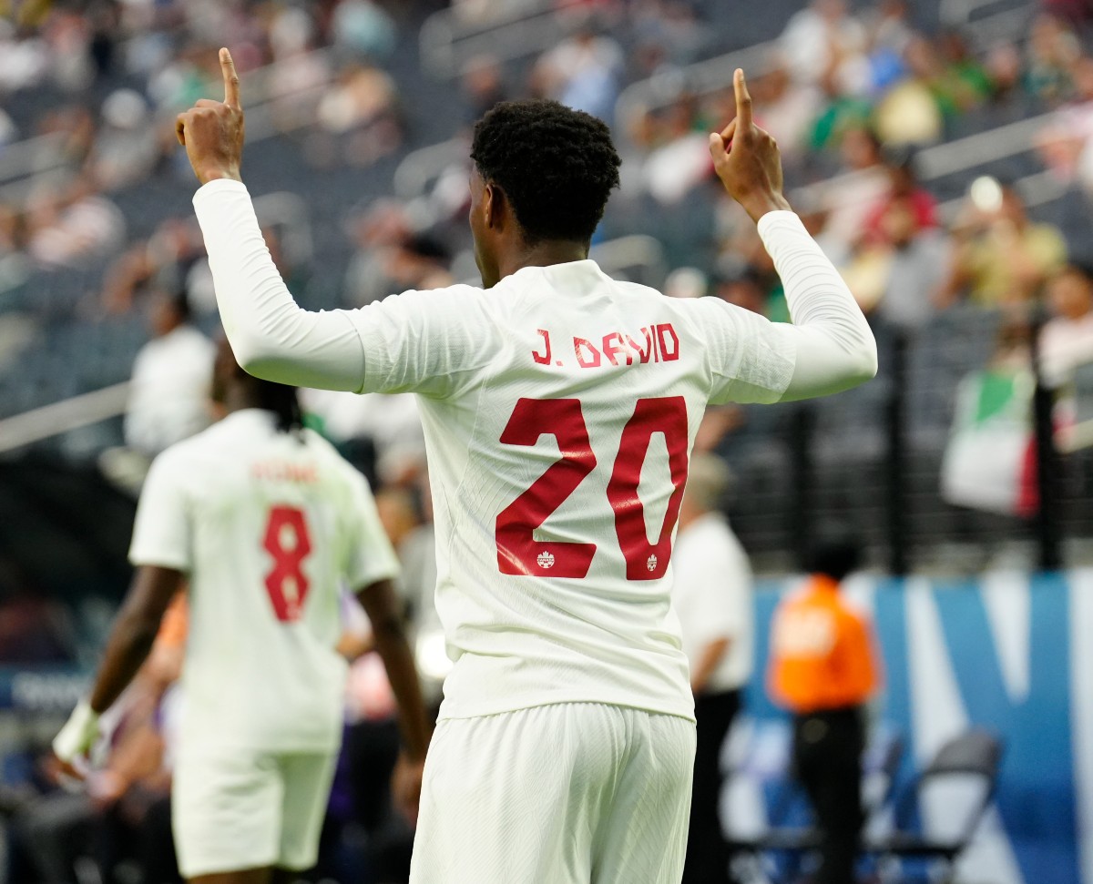 Jonathan David celebrates a goal for Canada against Panama