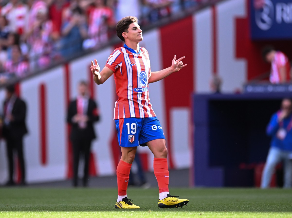 Julian Alvarez celebrates a goal for Atletico Madrid against Real Betis
