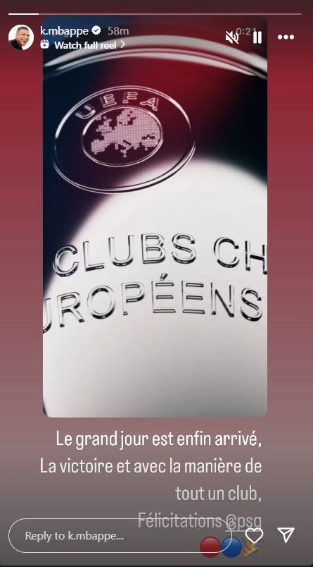 Kylian Mbappe congratulates PSG on Instagram