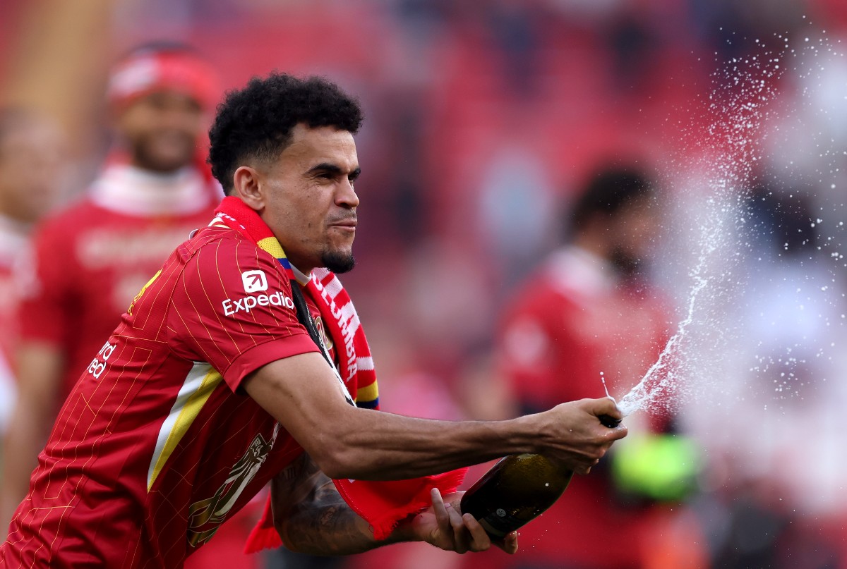 Luis Diaz celebrates Liverpool's Premier League title win
