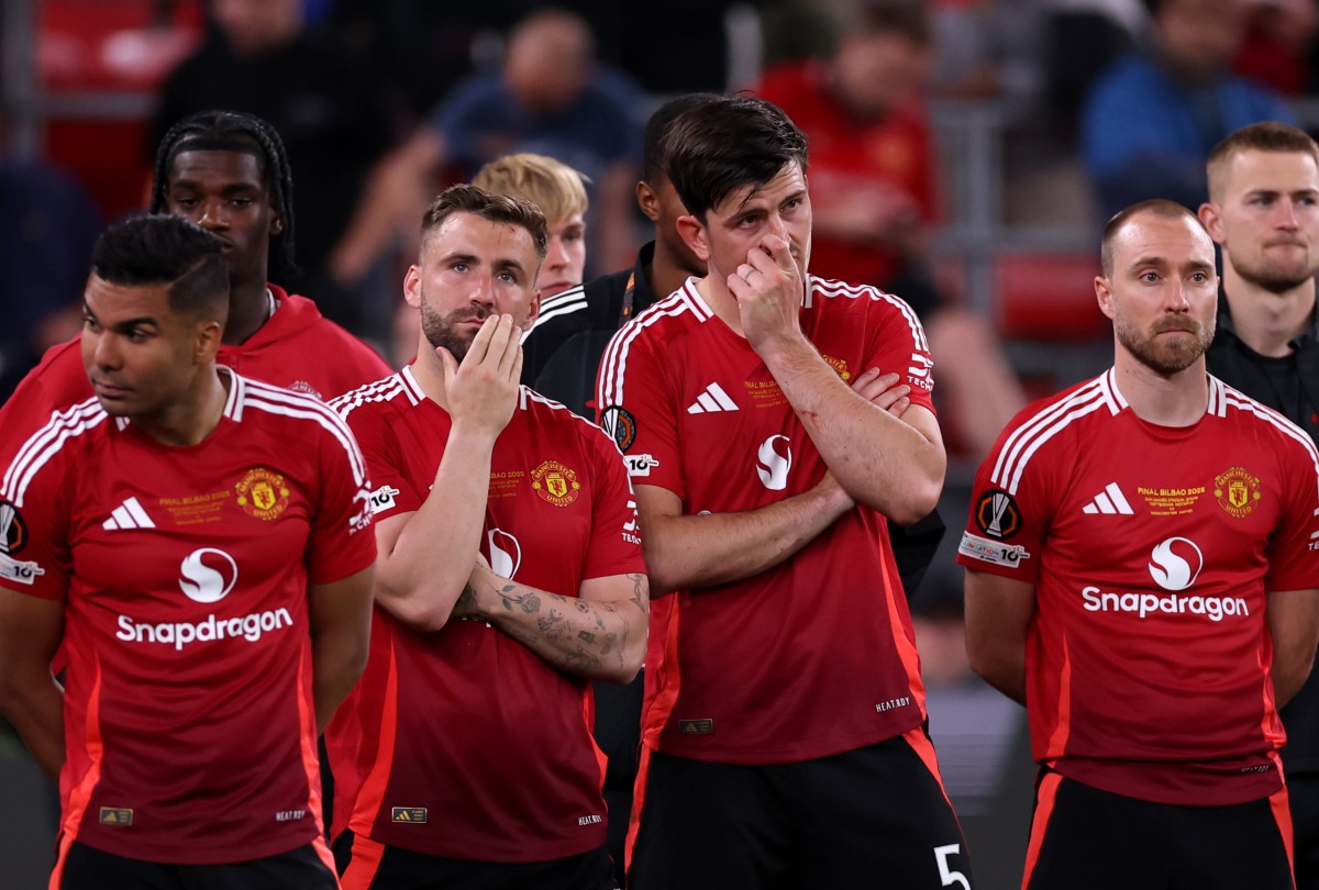 Luke Shaw and Harry Maguire look dejected after Man United's Europa League final defeat