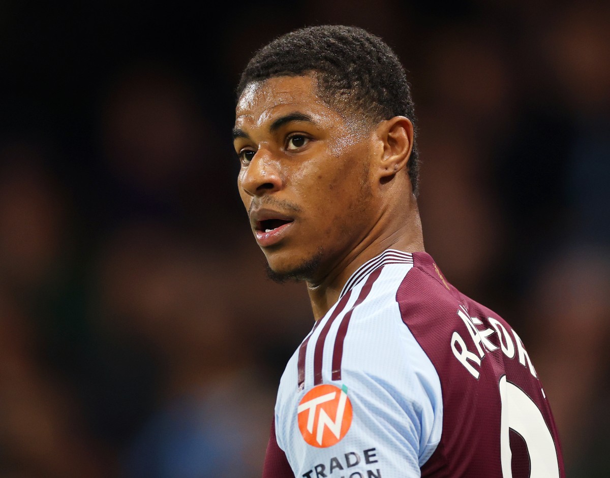 Marcus Rashford at work for Aston Villa against Man City