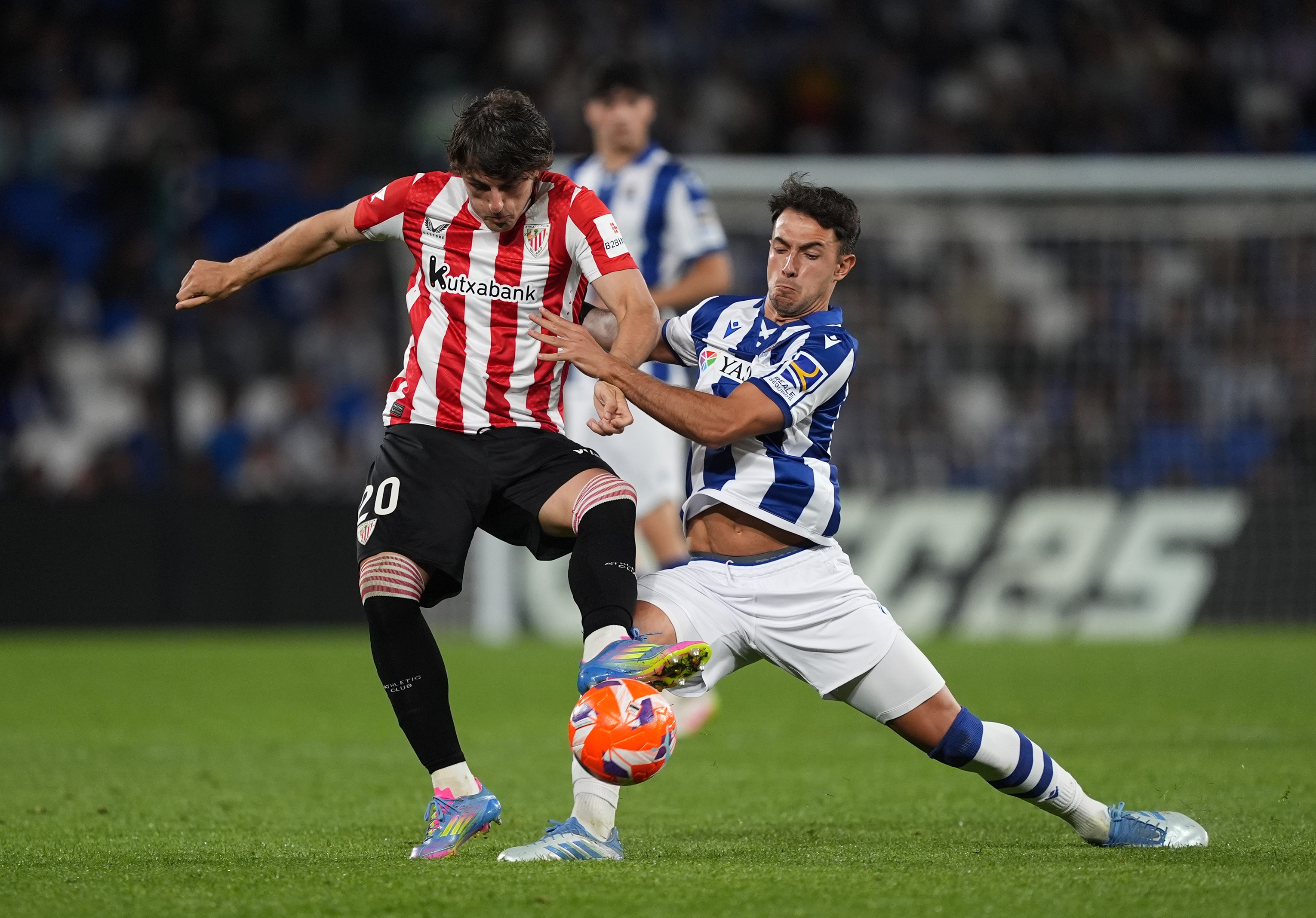 Martin Zubimandi pushes Unai Gomez during the La Liga match.