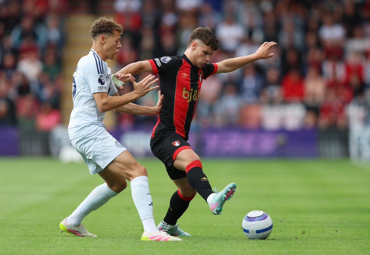 Milos Kerkez in action for Bournemouth against Leicester