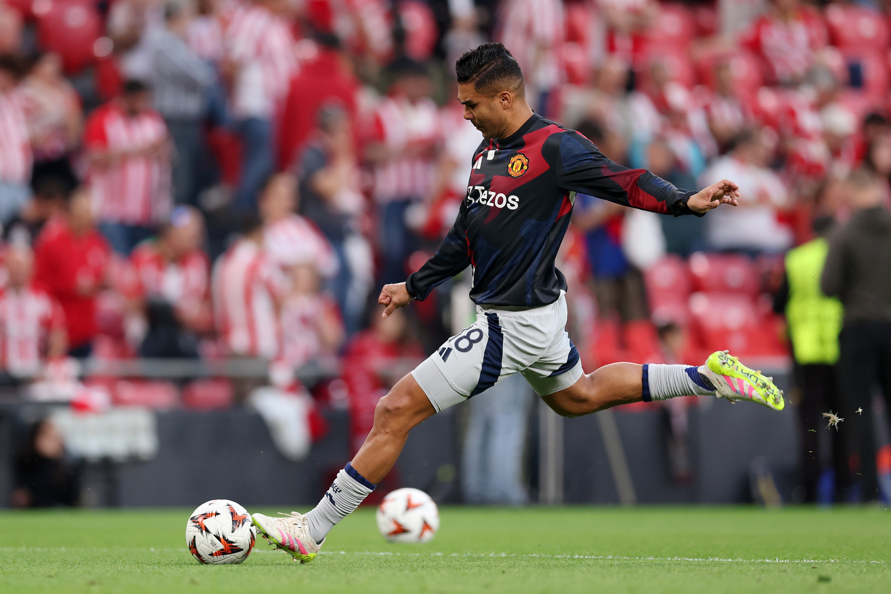 Casemiro of Manchester United shoots, during the warm up prior to the UEFA Europa League Semi Final First
