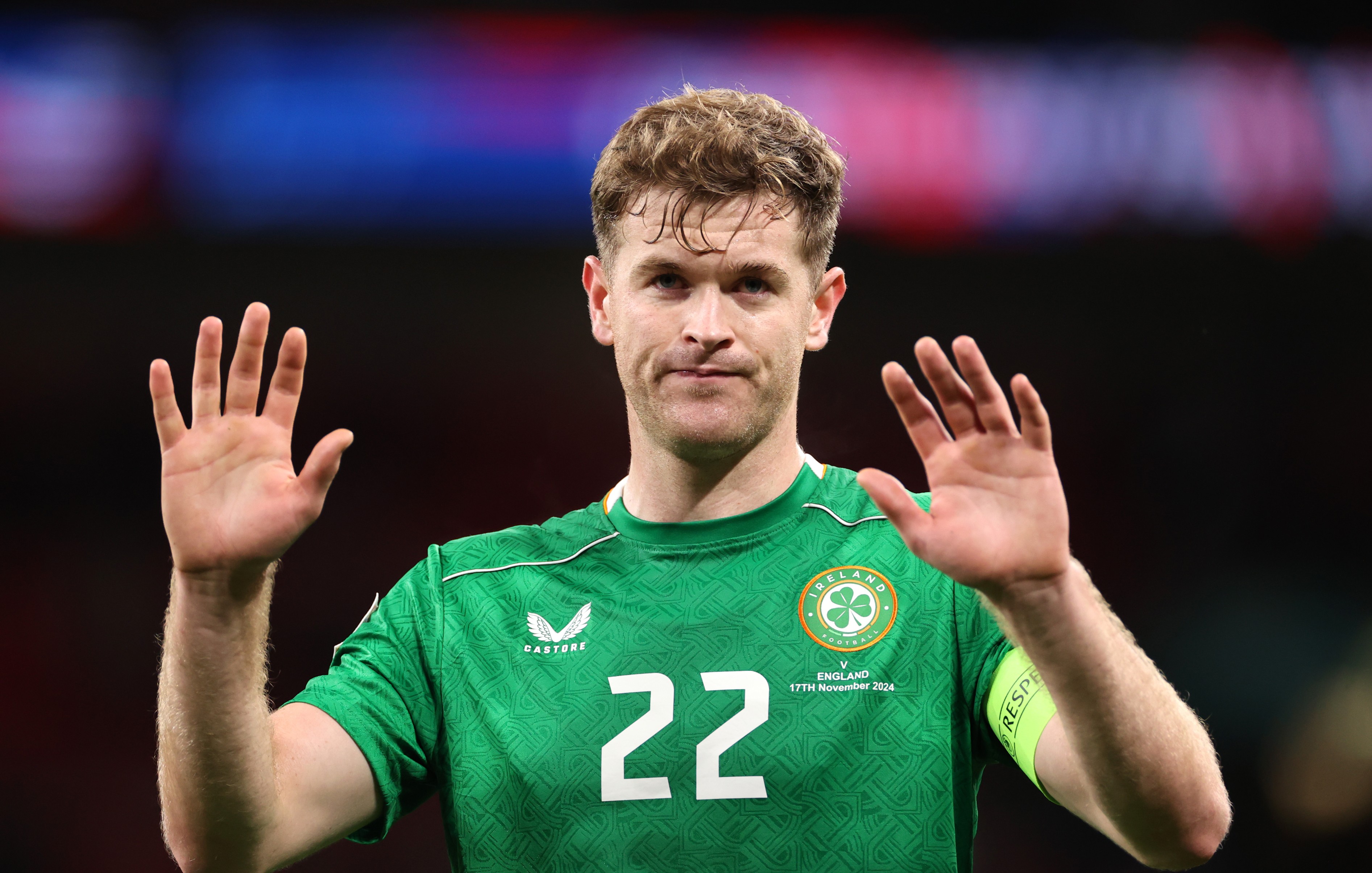 Nathan Collins of Republic of Ireland reacts towards the fans