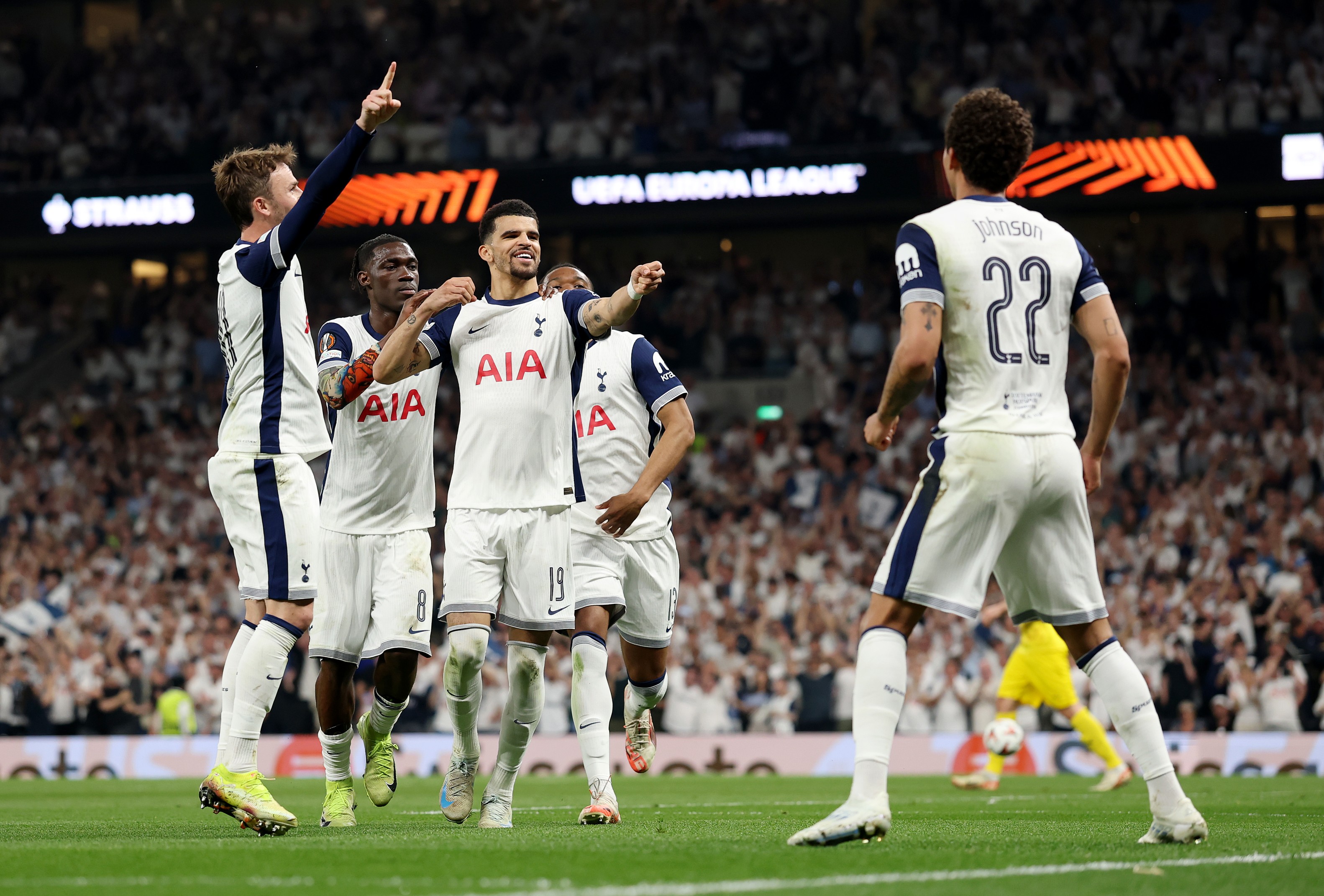 Dominic Solank from Tottenham Hotspur celebrates his third team's goal
