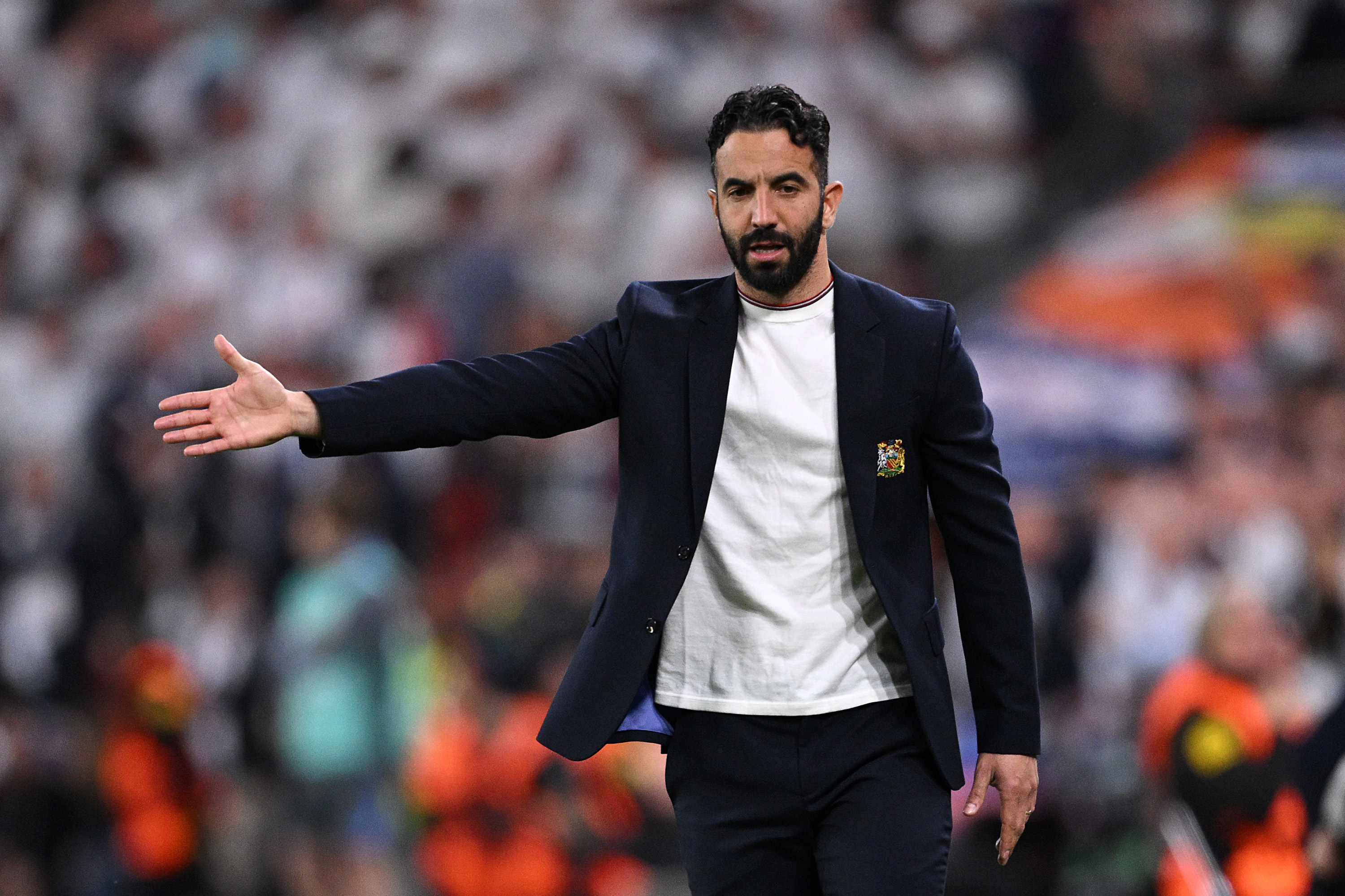 Ruben Amorim, Manager of Manchester United, gives instructions to his players from the touchline