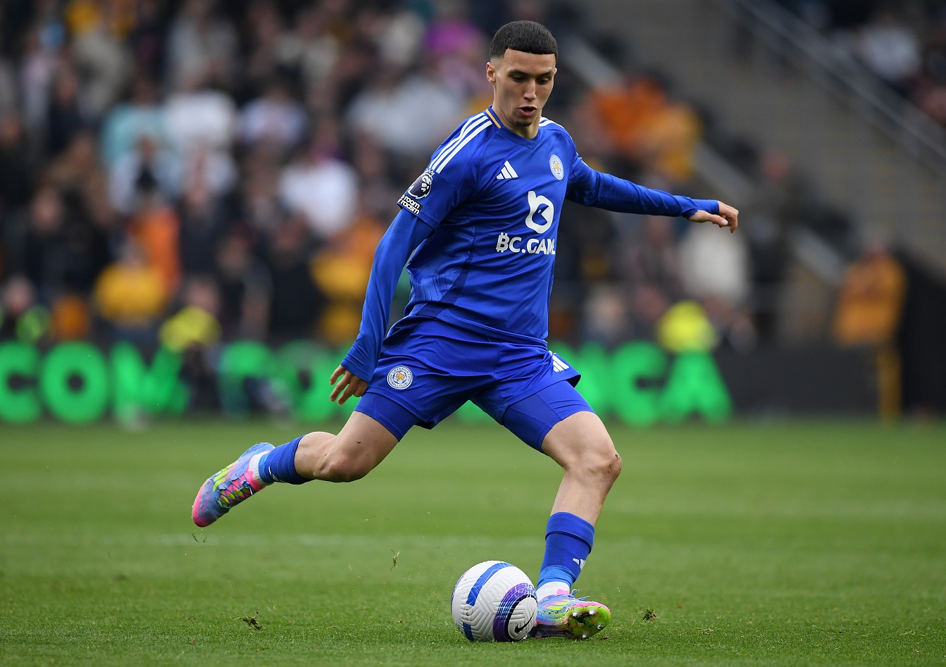 Bilal El Khannouss of Leicester City controls the ball