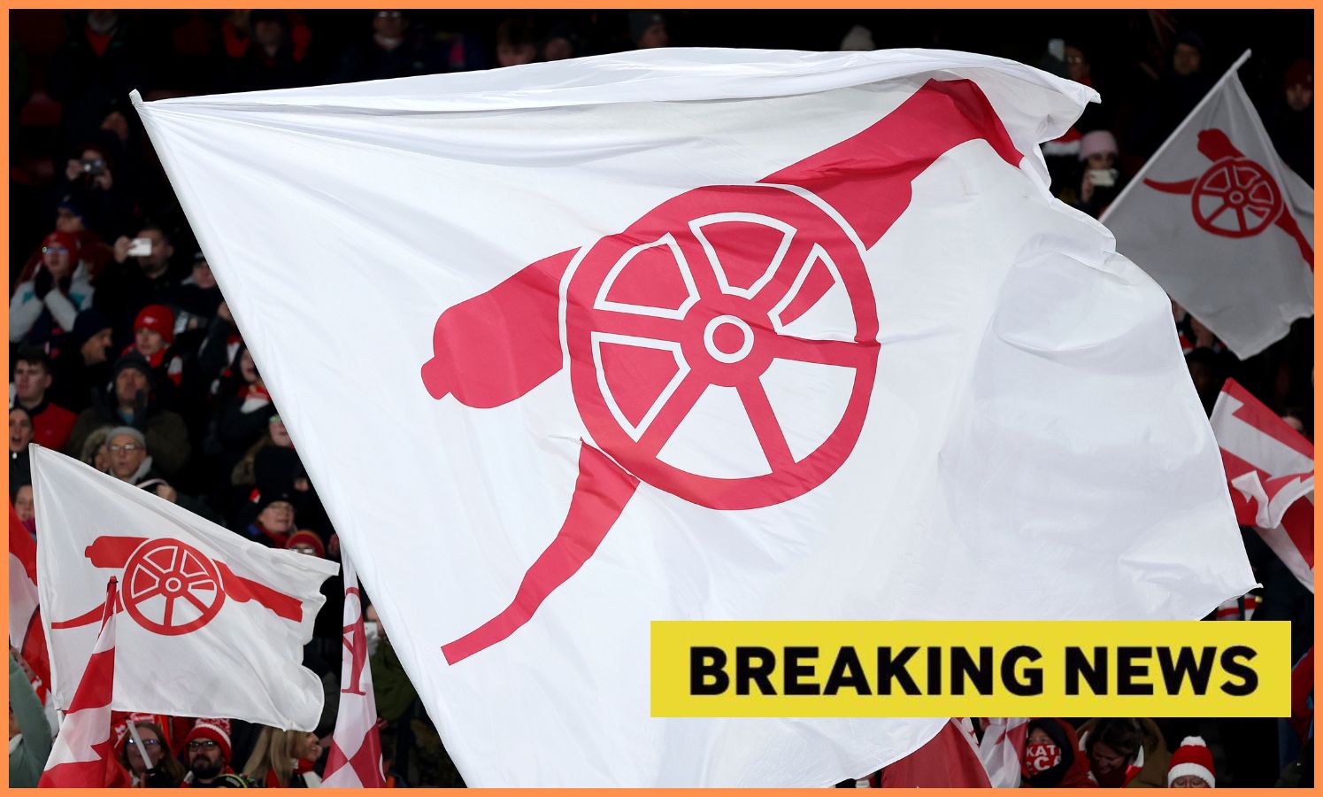 Arsenal flag plus 'breaking news' banner