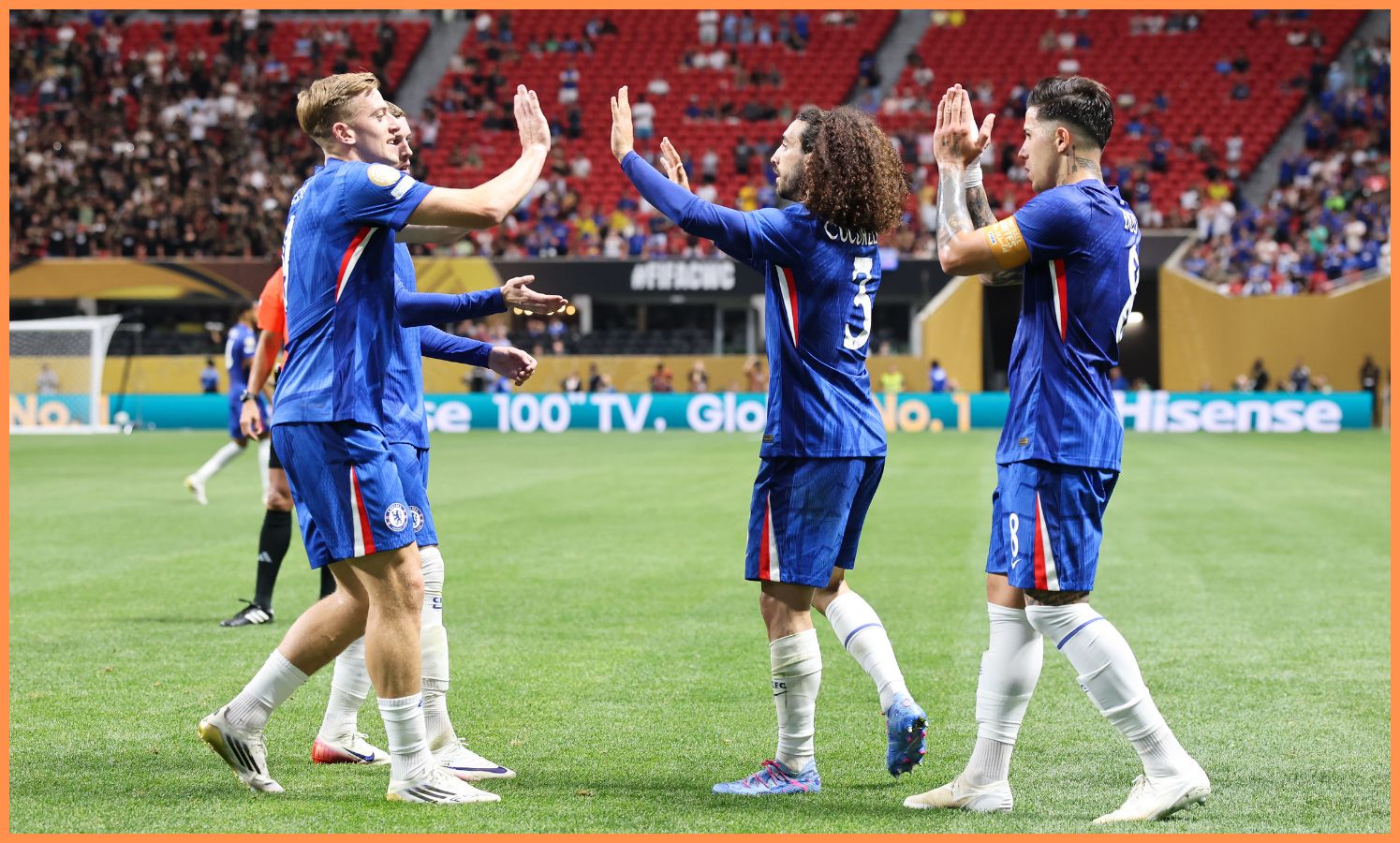 Chelsea players celebrate scoring against LAFC at the Club World Cup