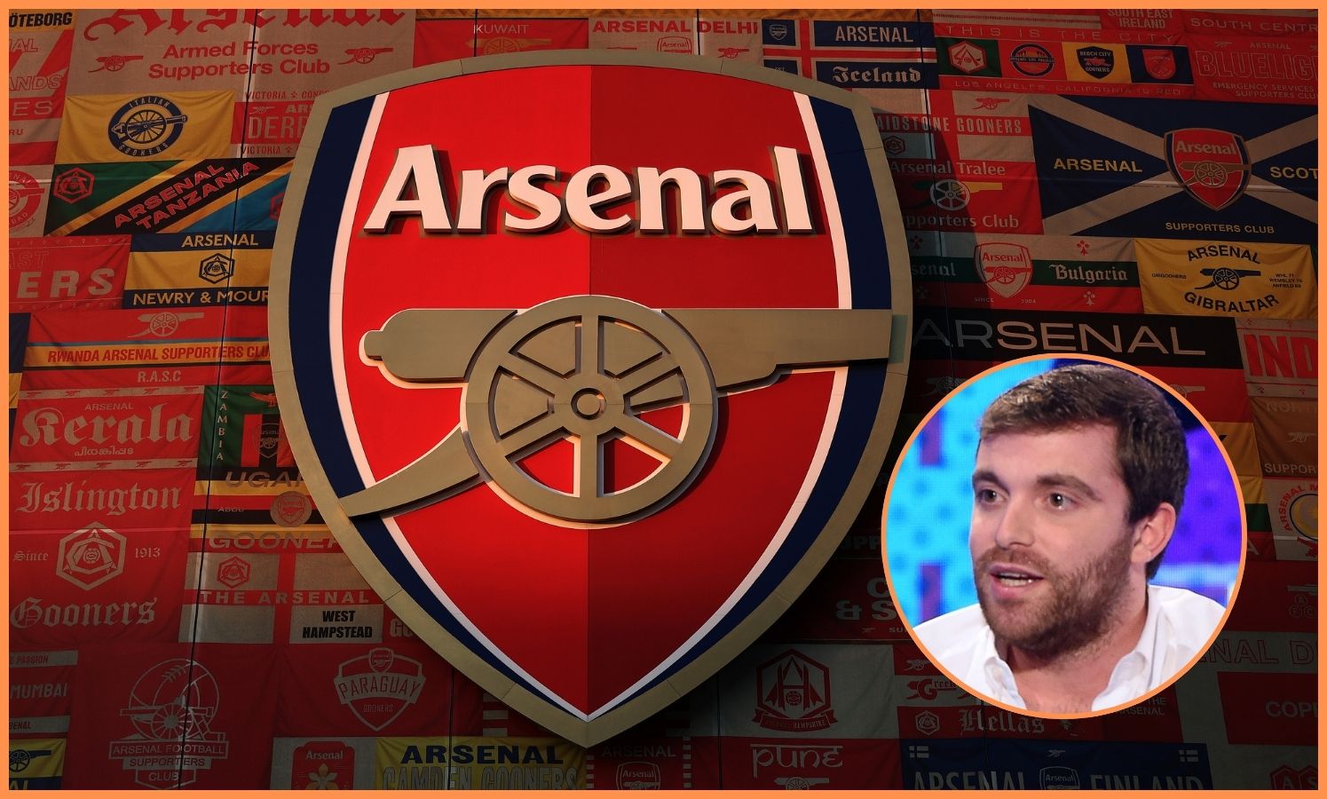 Arsenal logo at the Emirates Stadium, and Fabrizio Romano