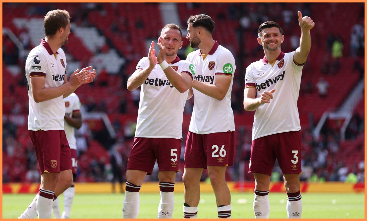 West Ham players celebrate after beating Manchester United at Old Trafford
