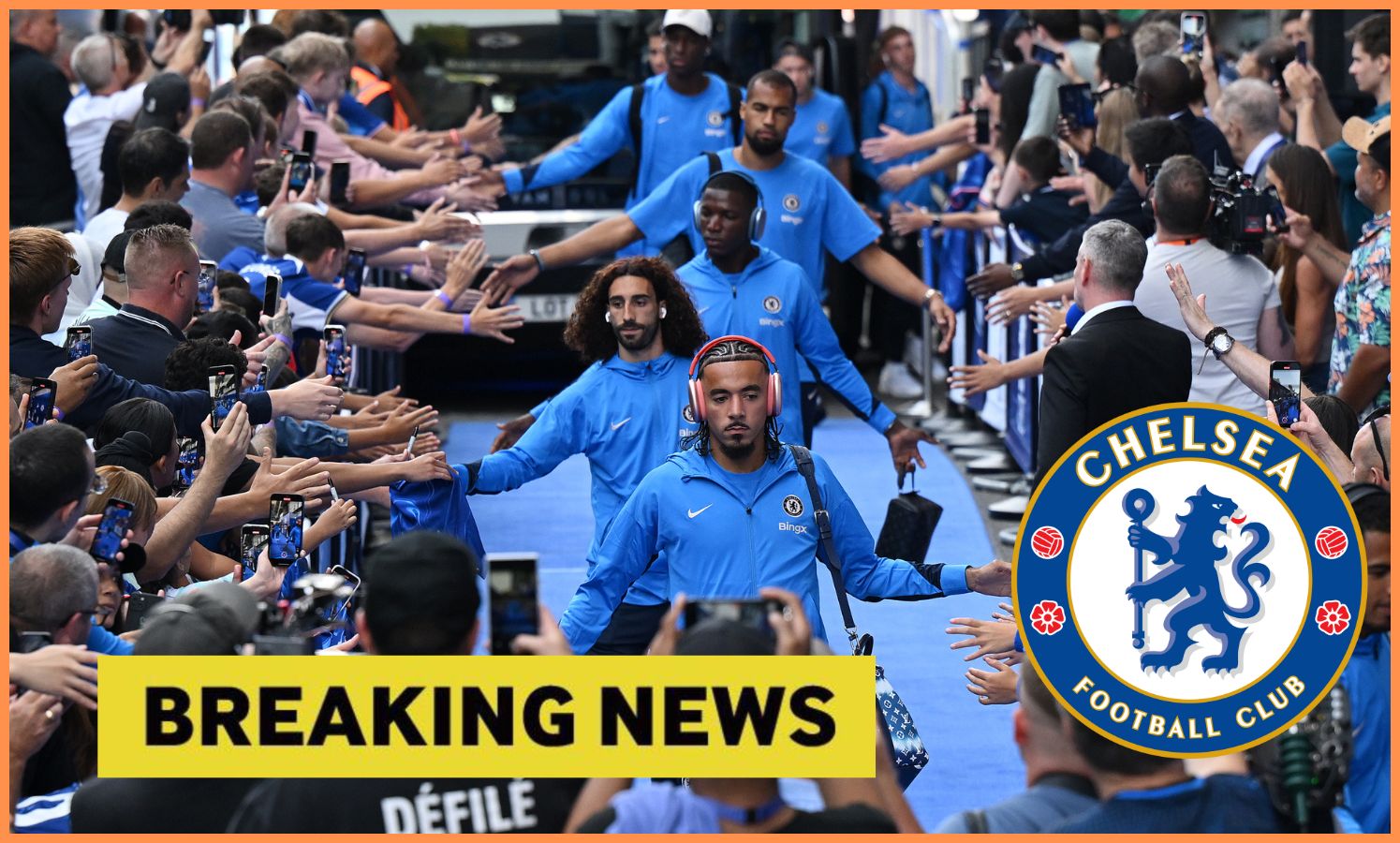Malo Gusto greets Chelsea fans at Stamford Bridge