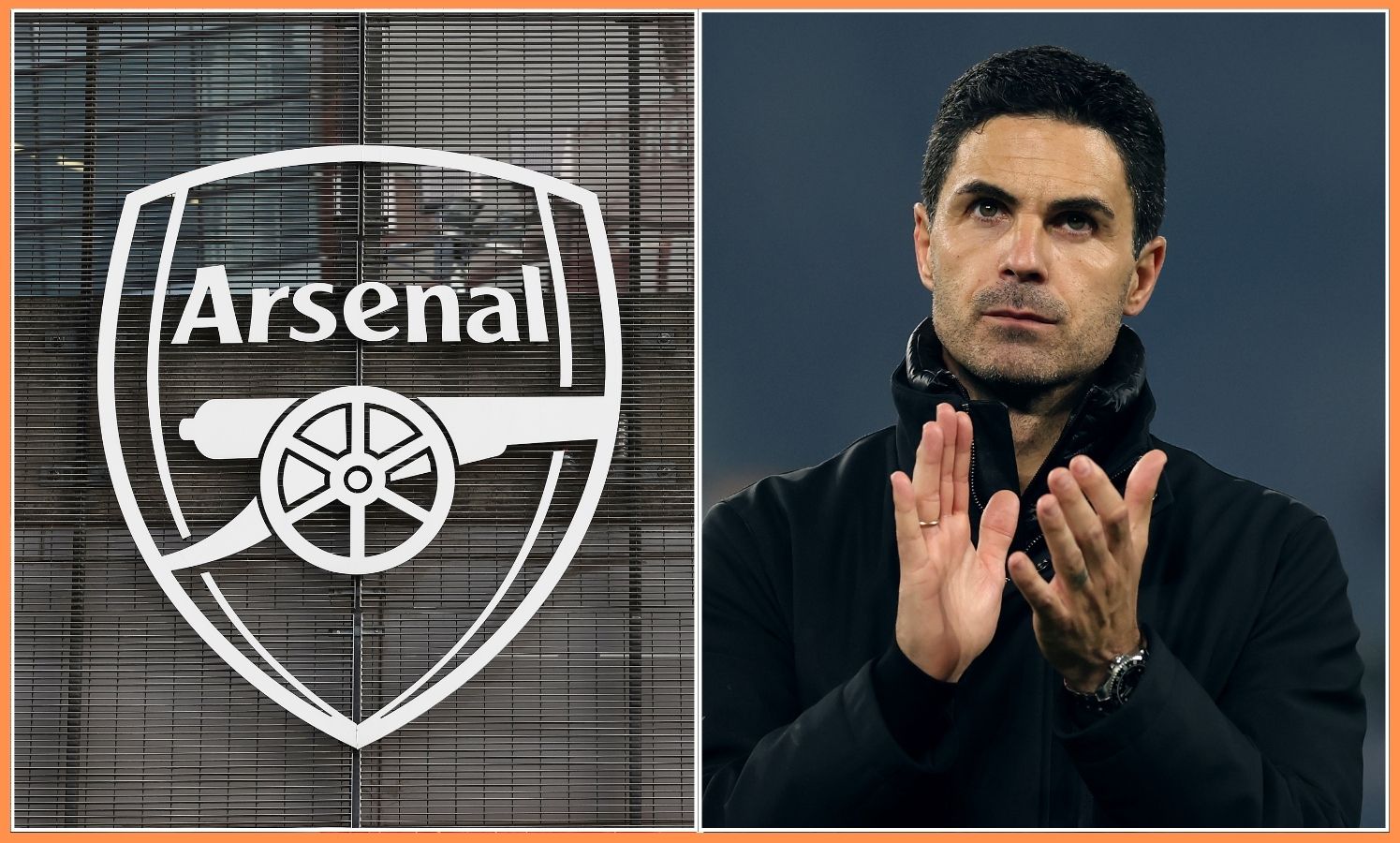 Mikel Arteta and the Arsenal FC logo