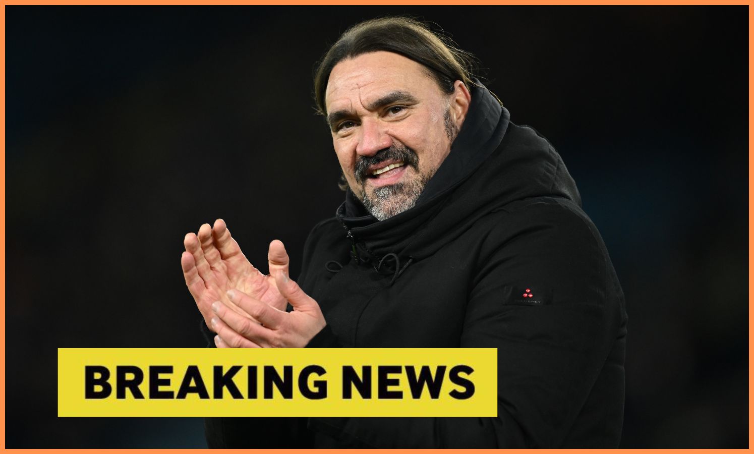 Leeds United manager Daniel Farke plus yellow 'breaking news' banner