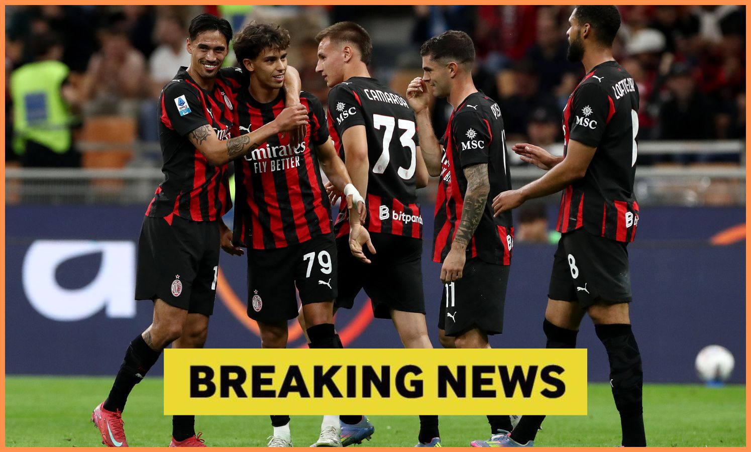 AC Milan players celebrate, plus yellow 'breaking news' banner