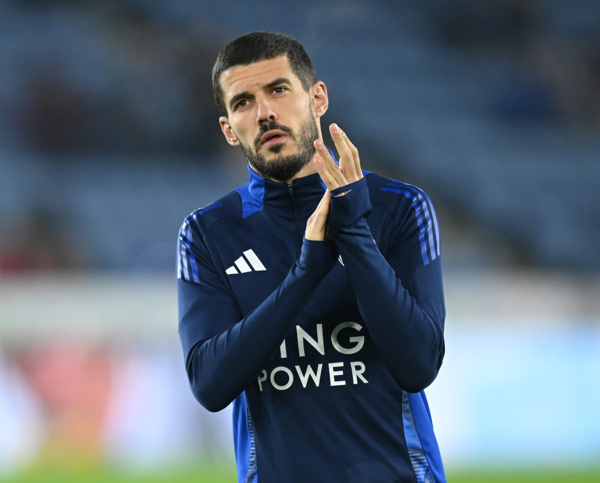 Conor Coady applauds the fans during the Leicester City pre-match warm-up