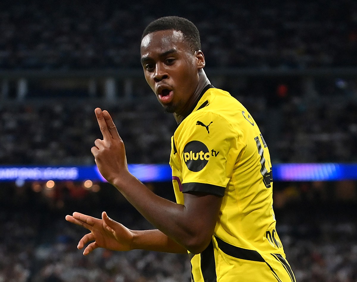 Jamie Gittens marks a goal for Borussia Dortmund against Real Madrid