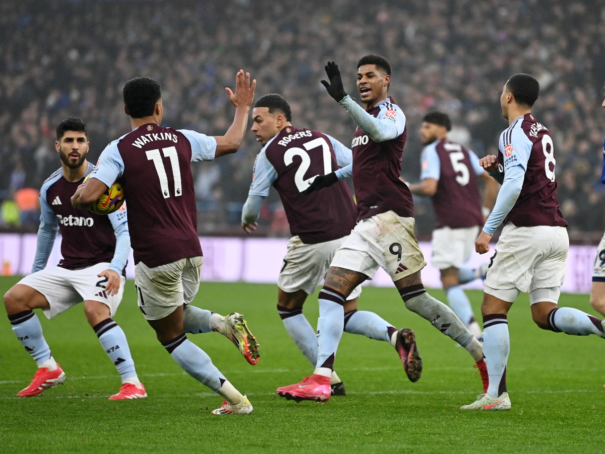 Oli Watkins and Marcus Rashford celebrate Aston Villa
