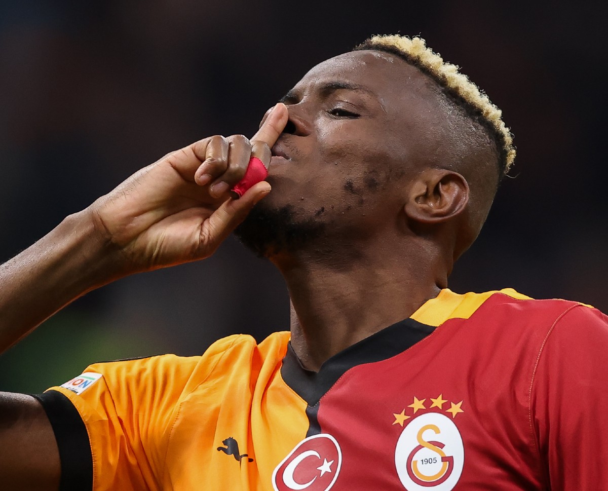 Victor Osimhen shushes the crowd as he celebrates scoring for Galatasaray against Tottenham