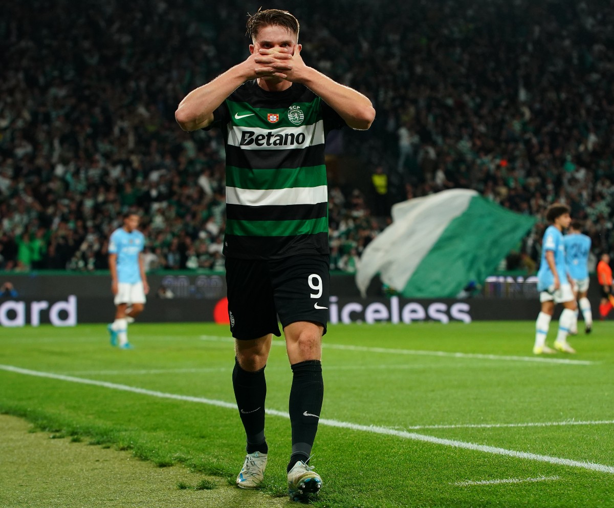 Viktor Gyokeres celebrates scoring against Manchester City