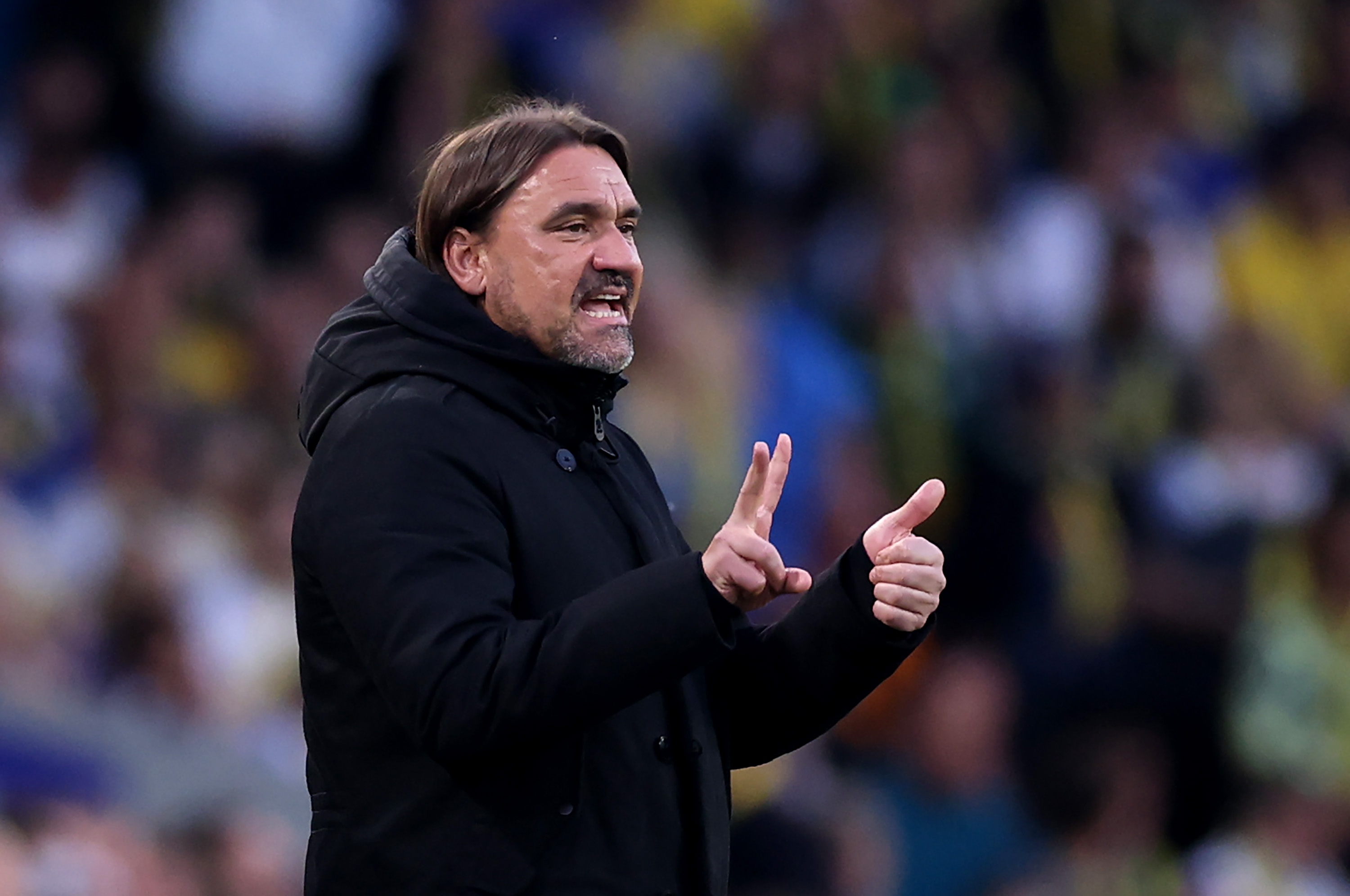 Daniel Farke, Manager of Leeds United, gestures during a match