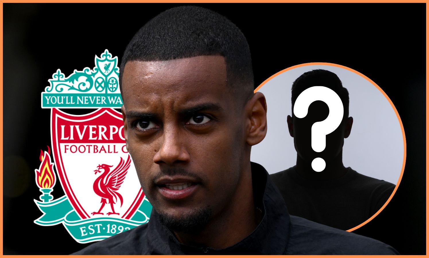 Alexander Isak looks on in front of Liverpool club crest.