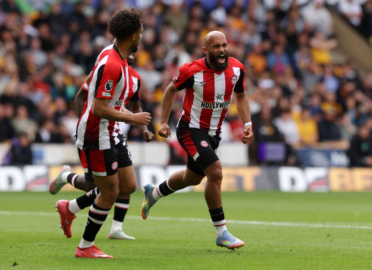 Bryan Mbeumo celebrates scoring for Brentford against Wolves