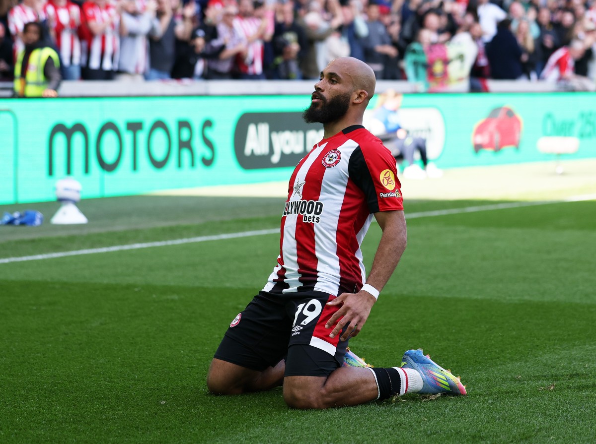 Bryan Mbeumo with a knee-slide celebration for Brentford against Brighton