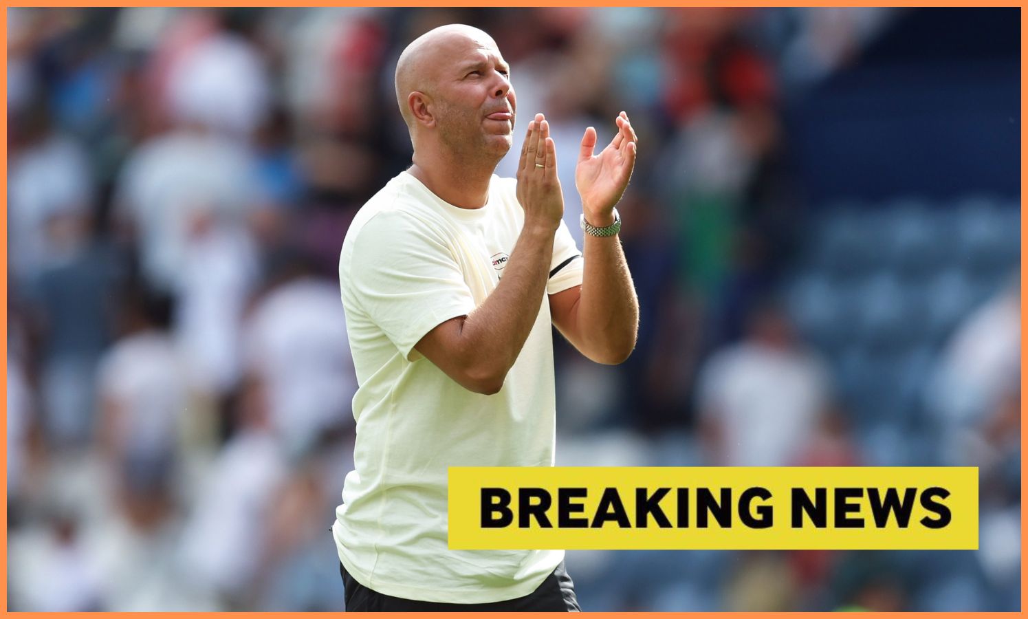 Liverpool manager Arne Slot and yellow 'breaking news' banner