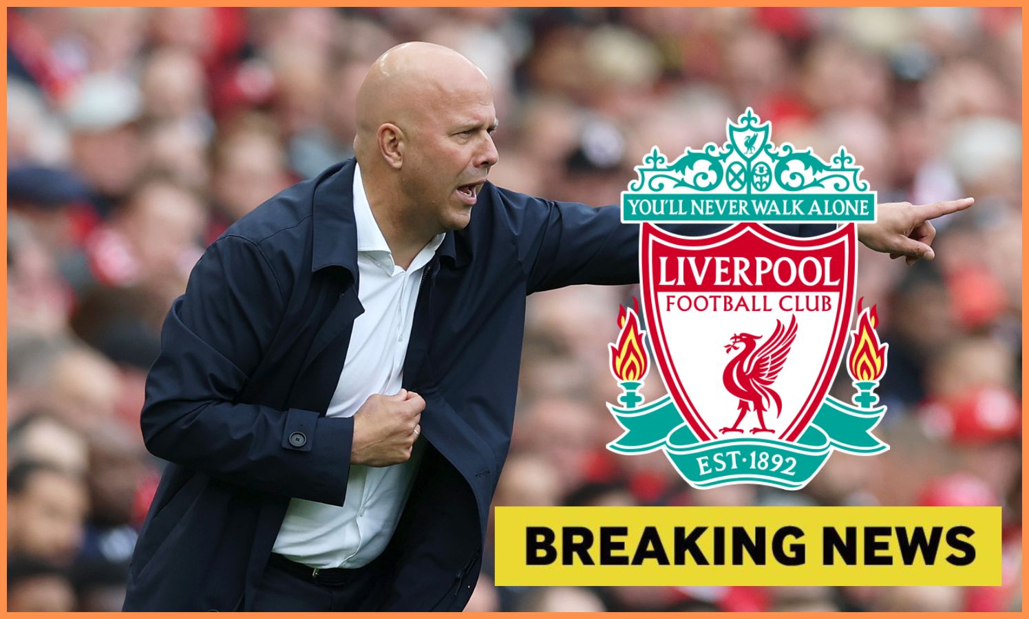 Arne Slot, the Liverpool FC logo and yellow 'breaking news' banner