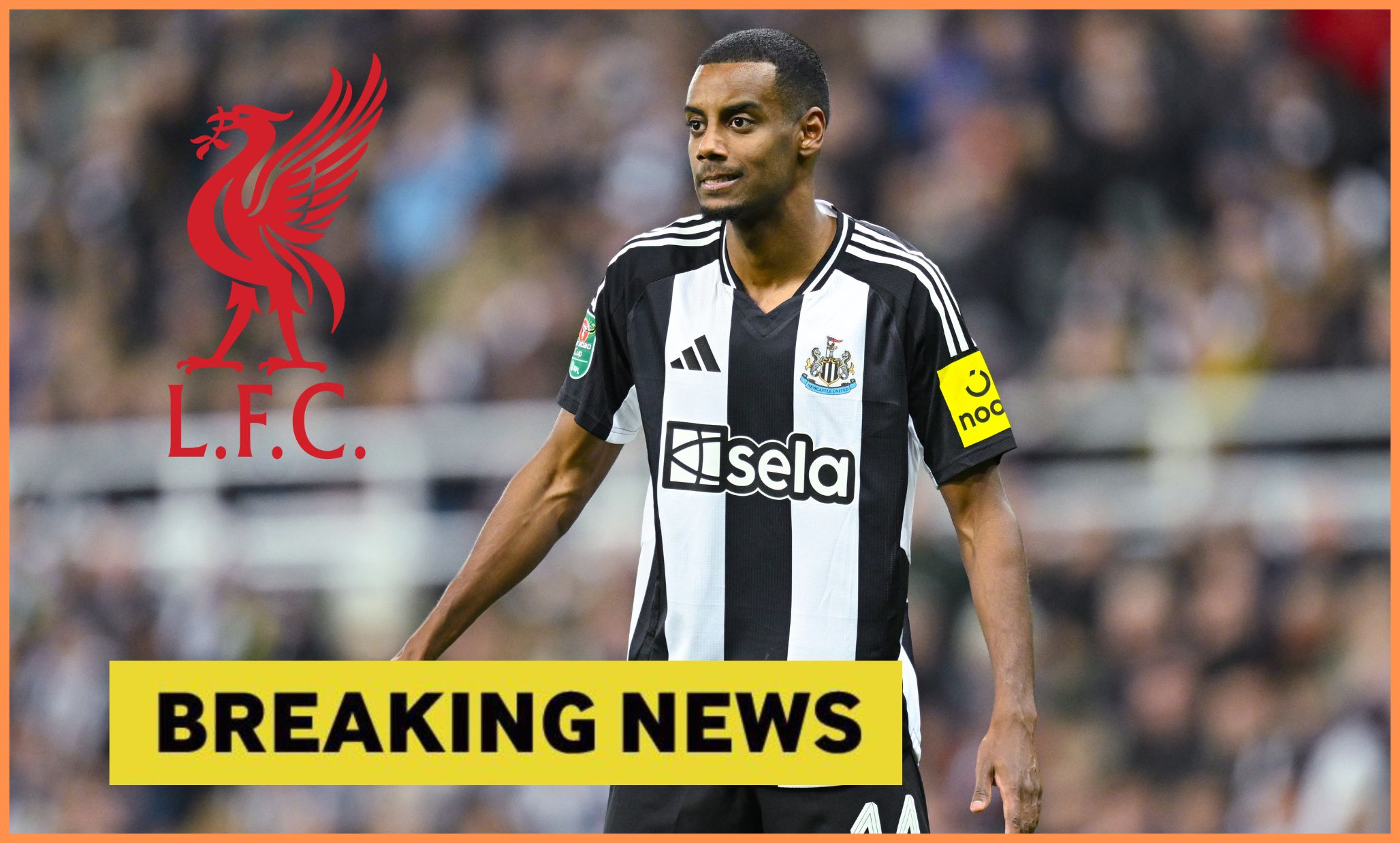 Alexander Isak in action for Newcastle, plus yellow 'breaking news' banner