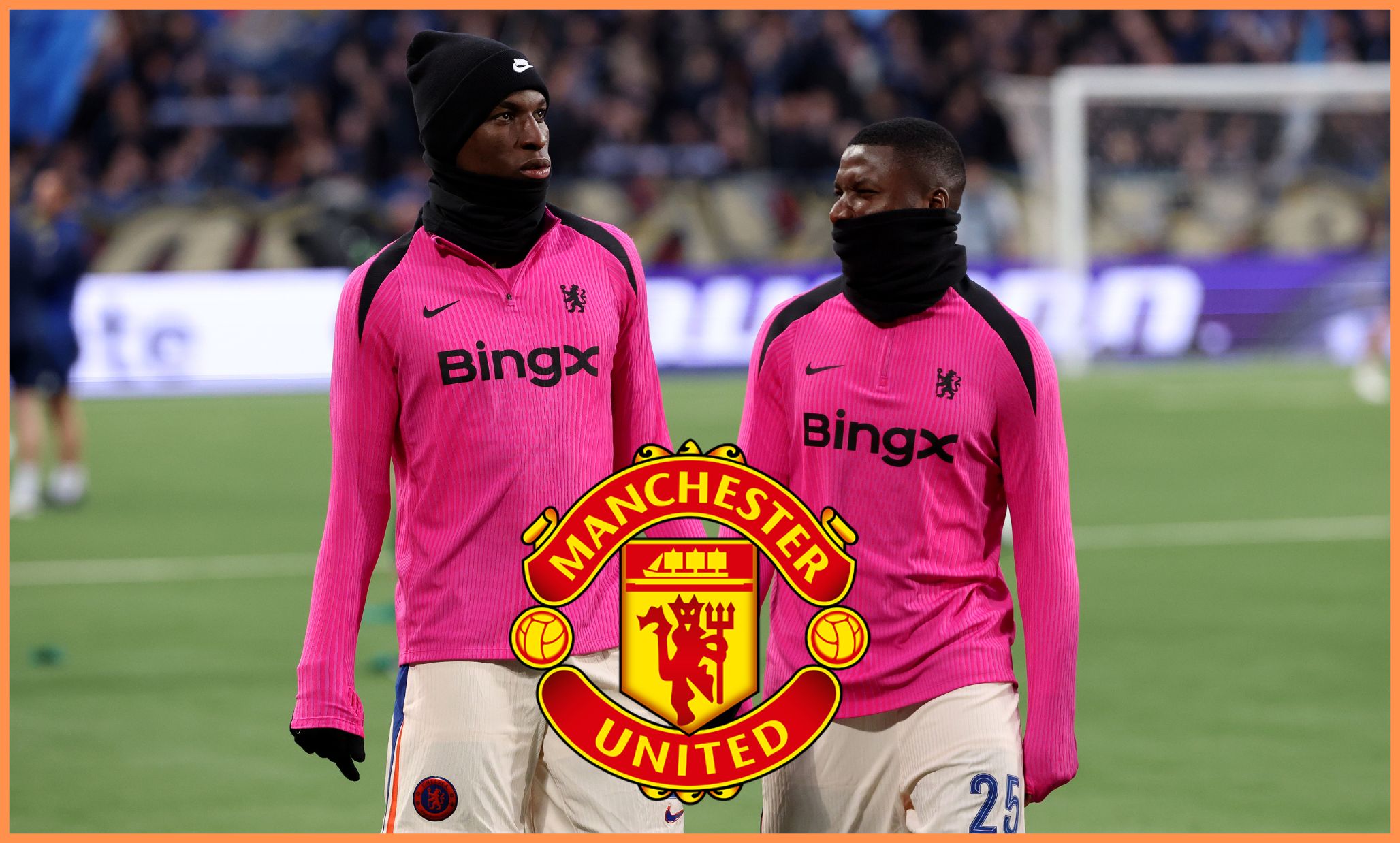 Nicolas Jackson and Moises Caicedo in the pre-match warm-up for Chelsea