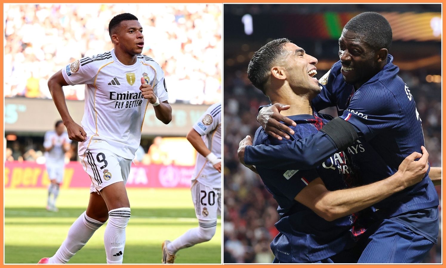 Kylian Mbappe celebrates scoring for Real Madrid, Ousmane Dembele and Achraf Hakimi celebrate for PSG